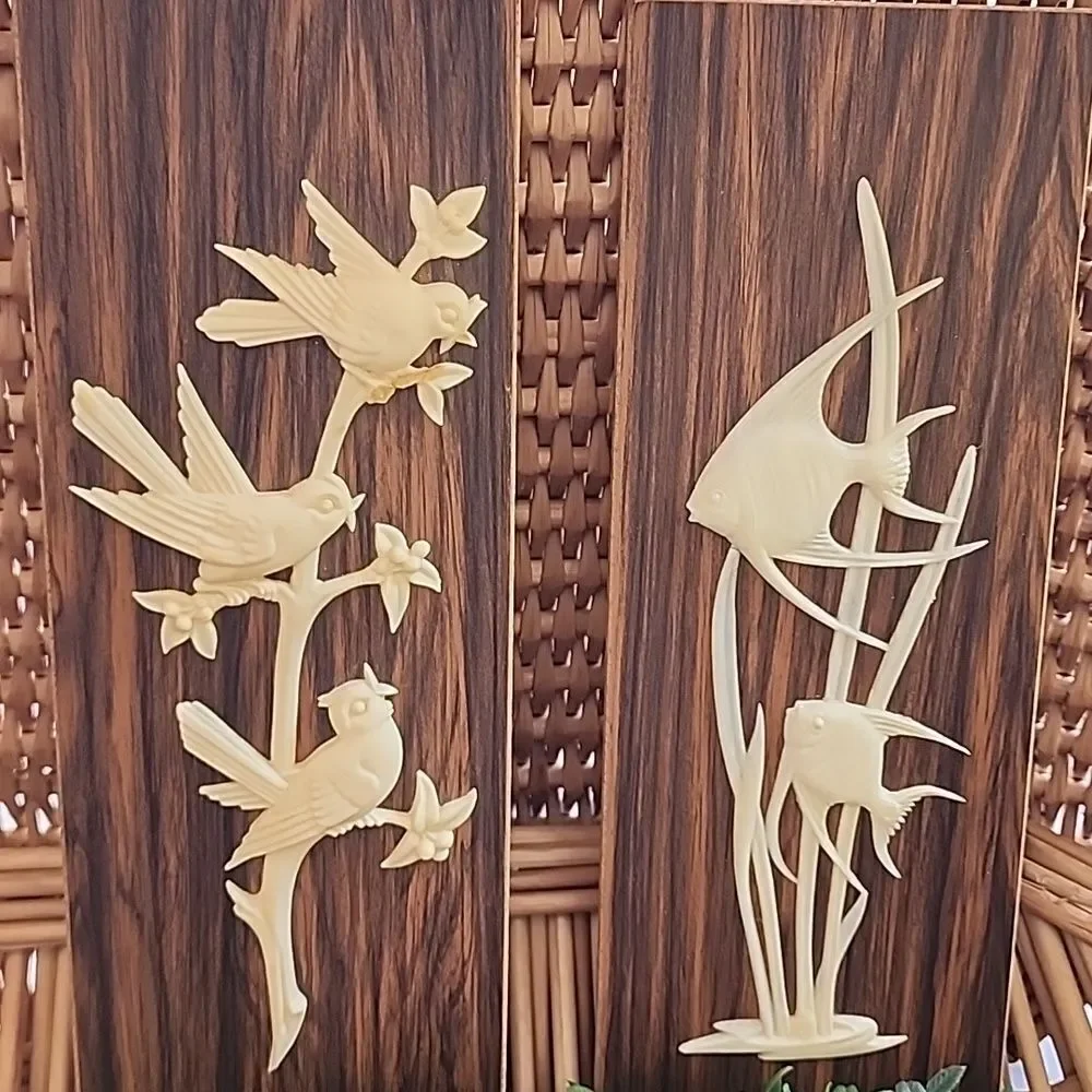 Vtg Plaques Trio Of Celluloid & Wood Panel Wall Art
